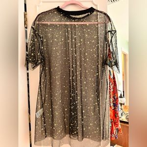 Women's Sheer Sparkle Star Mesh Drop Shoulder Oversized Tee Top Long T Shirts